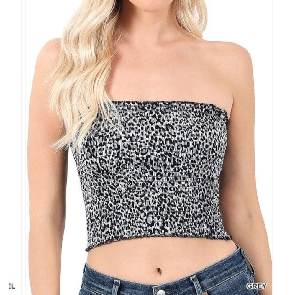 Zenana Womens Leopard Print Smocked Tube Top Grey Black CT-3061BA Small